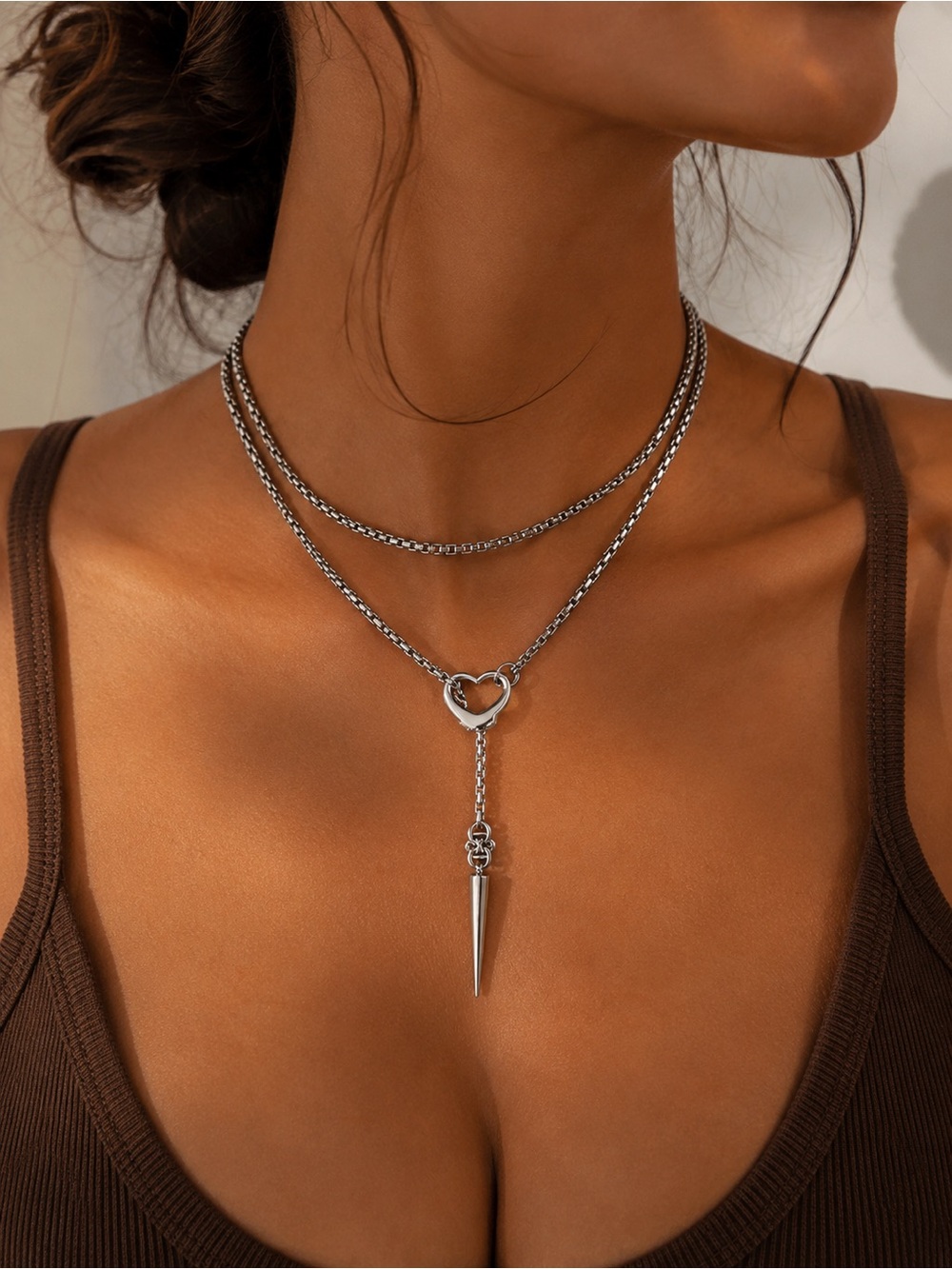 Silver Heart Drop Layered Necklace - Women Jewelry